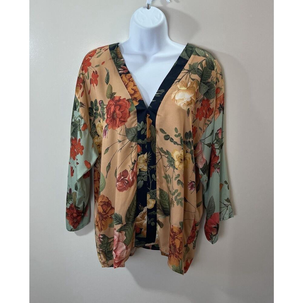 Farm Rio Women's Blouse Size S Multicolor Floral Tropical Tunic Tie Boho Artsy